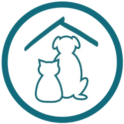 Gezeichnete Umrisse von Katze und Hund unter einem angedeuteten Dach. In einem Kreis. Alles in der Farbe petrol.